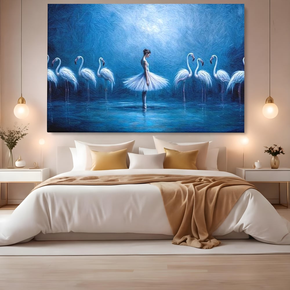 Tablou canvas cu tablou canvas cu balerina si flamingo, fara rama, pe sasiu de lemn, pe perete intr-un dormitor